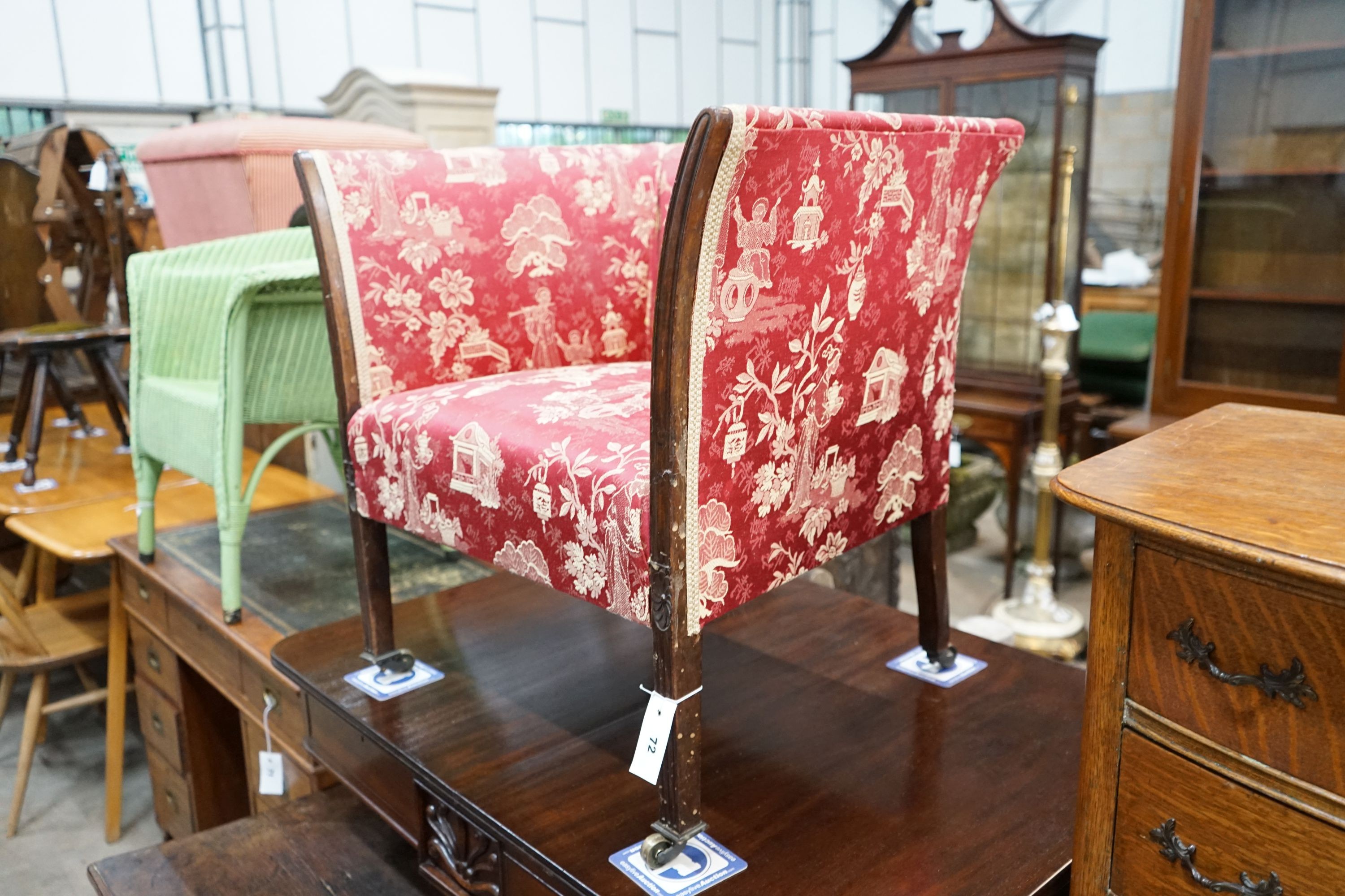 An Edwardian mahogany square frame upholstered armchair, width 70cm, depth 50cm, height 66cm